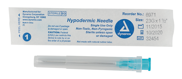 Dynarex 6971 Hypodermic Needle - Non-Toxic, 23G, 1 1/2" Needle