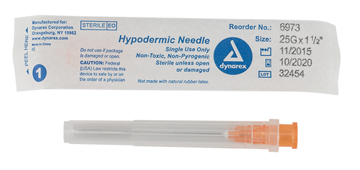 Dynarex 6973 Hypodermic Needle - Non-Toxic, 25G, 1 1/2" Needle