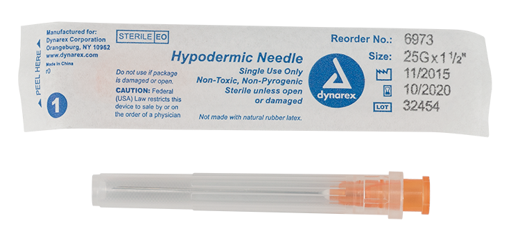Dynarex 6973 Hypodermic Needle - Non-Toxic, 25G, 1 1/2" Needle