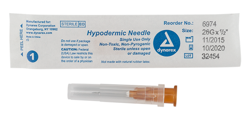 Dynarex 6974 Hypodermic Needle - Non-Safety, 26G, 1/2" Needle