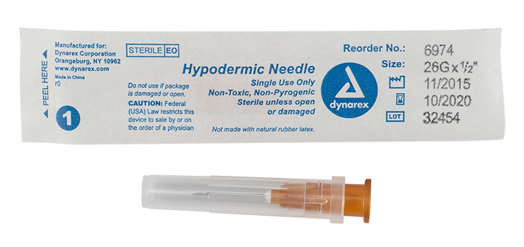 Dynarex 6974 Hypodermic Needle - Non-Safety, 26G, 1/2" Needle