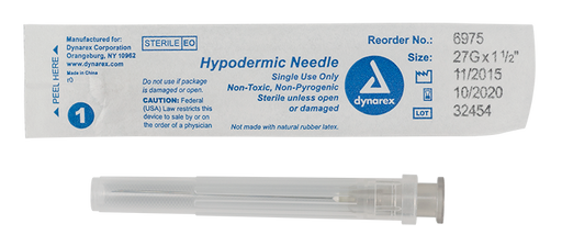 Dynarex 6975 Hypodermic Needle - Non-Toxic, 27G, 1 1/2" Needle
