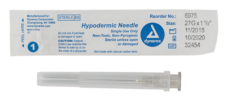 Dynarex 6975 Hypodermic Needle - Non-Toxic, 27G, 1 1/2" Needle