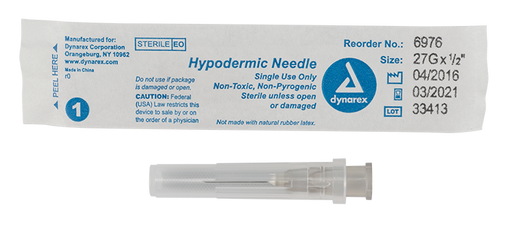 Dynarex 6976 Hypodermic Needle - Non-Toxic, 27G, 1/2" Needle