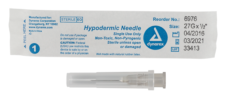 Dynarex 6976 Hypodermic Needle - Non-Toxic, 27G, 1/2" Needle
