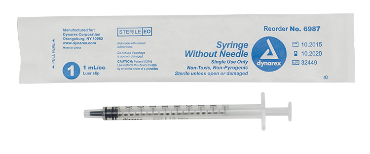 Dynarex 6987 Syringe without Needle - Non Toxic - Luer Slip, 1 cc