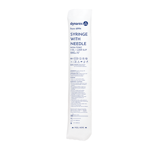 Dynarex 6994 Syringe - Non-Safety with Needle - Luer slip, 25G, 5/8" Needle, 1 cc