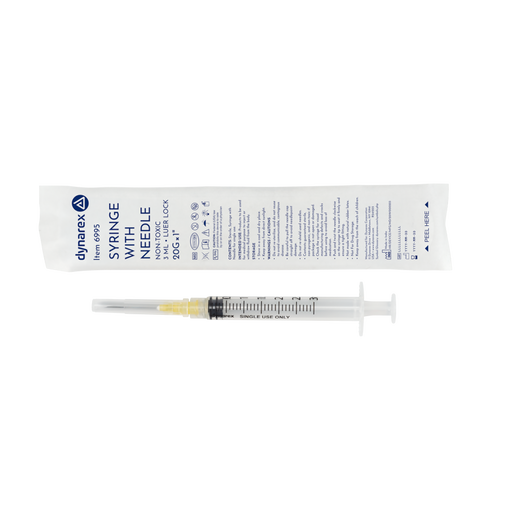 Dynarex 6995 Syringe - Non-Safety with Needle - Luer Lock, 20G, 1" Needle, 3 cc