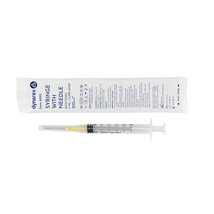 Dynarex 6995 Syringe - Non-Safety with Needle - Luer Lock, 20G, 1" Needle, 3 cc