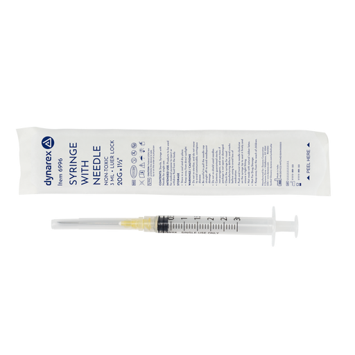 Dynarex 6996 Syringe - Non-Safety with Needle - Luer Lock, 20G. 1.5" Needle, 3 cc