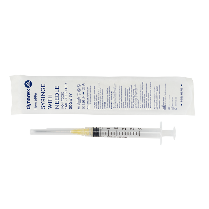 Dynarex 6996 Syringe - Non-Safety with Needle - Luer Lock, 20G. 1.5" Needle, 3 cc