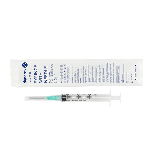 Dynarex 6997 Syringe - Non-Safety with Needle - Luer Lock, 21G, 1" Needle, 3 cc