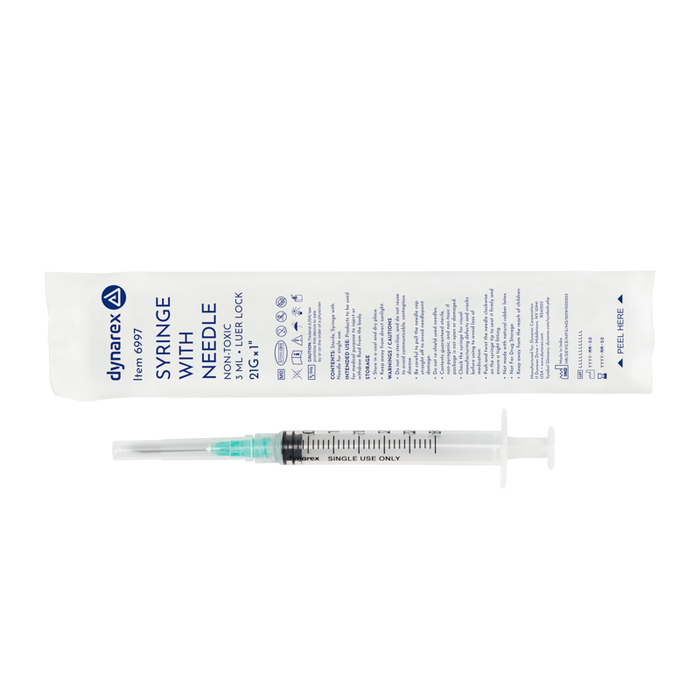Dynarex 6997 Syringe - Non-Safety with Needle - Luer Lock, 21G, 1" Needle, 3 cc