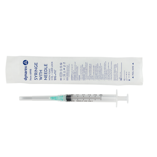 Dynarex 6998 Syringe - Non-Safety with Needle - Luer Lock, 21G, 1.5" Needle, 3 cc