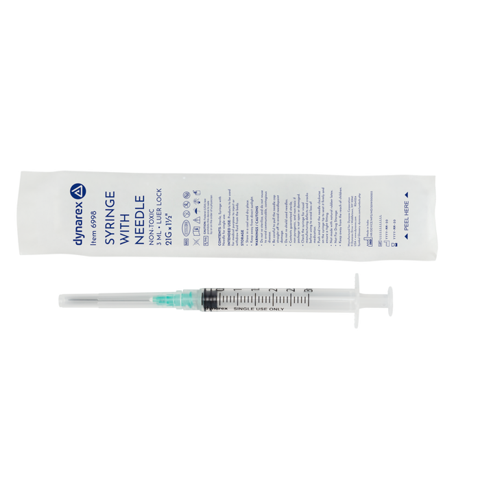 Dynarex 6998 Syringe - Non-Safety with Needle - Luer Lock, 21G, 1.5" Needle, 3 cc