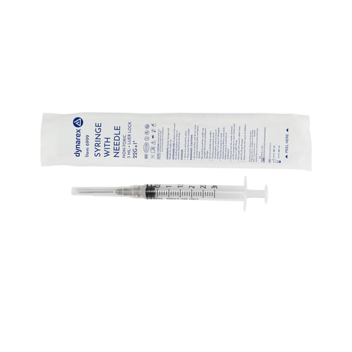 Dynarex 6999 Syringe - Non-Safety with Needle - Luer Lock, 22G, 1" Needle, 3 cc