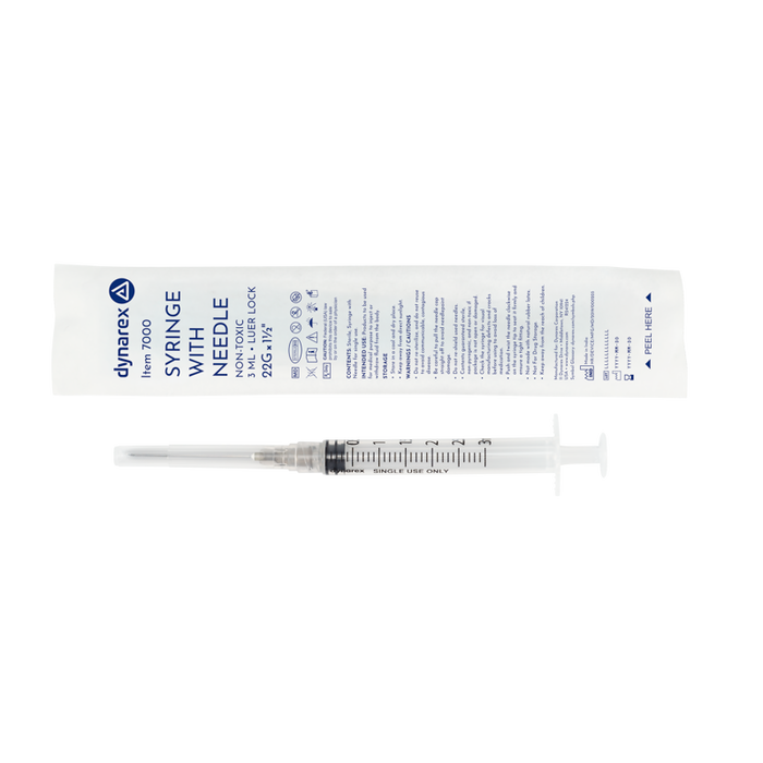 Dynarex 7000 Syringe - Non-Safety with Needle - Luer Lock, 22G, 1.5" Needle, 3 cc