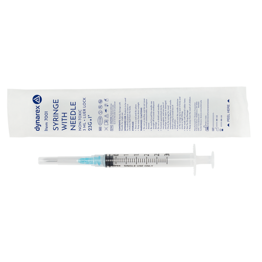 Dynarex 7001 Syringe - Non-Safety with Needle - Luer Lock, 23G, 1" Needle, 3 cc