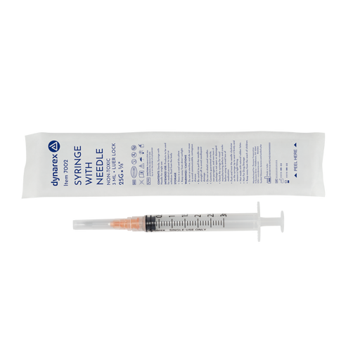 Dynarex 7002 Syringe - Non-Safety with Needle - Luer Lock, 25G, 5/8" Needle, 3 cc