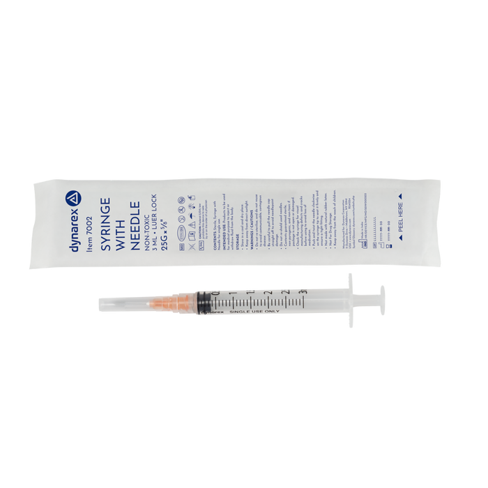 Dynarex 7002 Syringe - Non-Safety with Needle - Luer Lock, 25G, 5/8" Needle, 3 cc