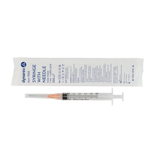 Dynarex 7003 Syringe - Non-Safety with Needle - Luer Lock, 25G, 1" Needle, 3 cc
