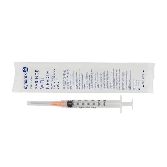 Dynarex 7003 Syringe - Non-Safety with Needle - Luer Lock, 25G, 1" Needle, 3 cc