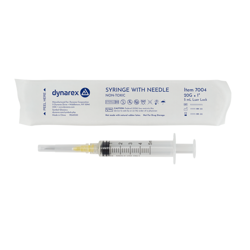 Dynarex 7004 Syringe - Non-Safety with Needle - Luer Lock, 20G, 1" Needle, 5 cc