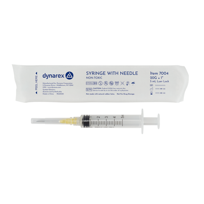 Dynarex 7004 Syringe - Non-Safety with Needle - Luer Lock, 20G, 1" Needle, 5 cc