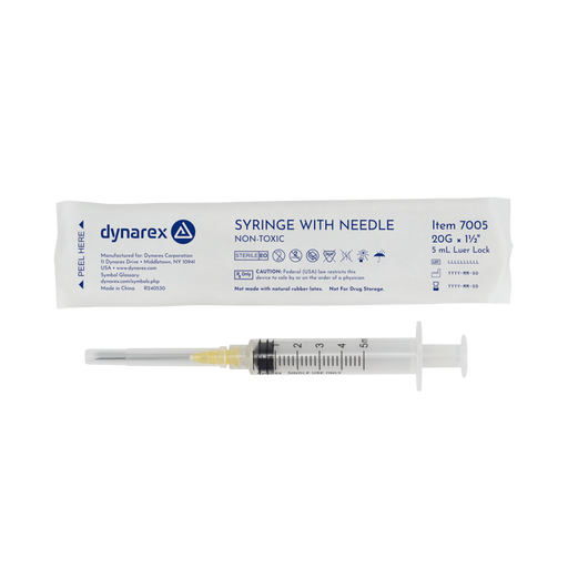 Dynarex 7005 Syringe - Non-Safety with Needle - Luer Lock, 20G, 1.5" Needle, 5 cc