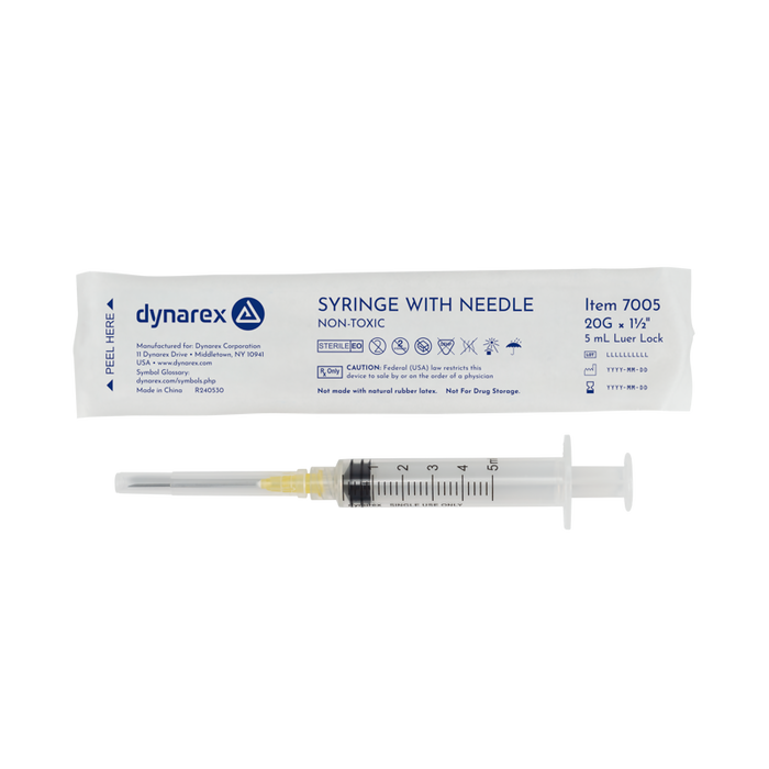 Dynarex 7005 Syringe - Non-Safety with Needle - Luer Lock, 20G, 1.5" Needle, 5 cc