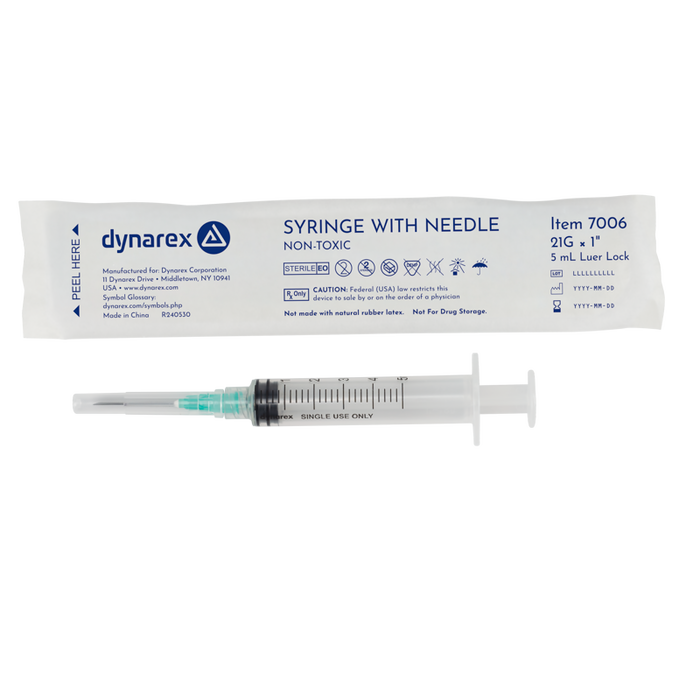 Dynarex 7006 Syringe - Non-Safety with Needle - Luer Lock, 21G, 1" Needle, 5 cc