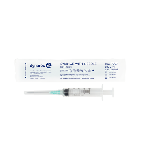 Dynarex 7007 Syringe - Non-Safety with Needle - Luer Lock, 21G, 1.5" Needle, 5 cc