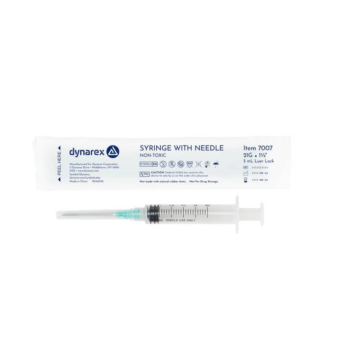 Dynarex 7007 Syringe - Non-Safety with Needle - Luer Lock, 21G, 1.5" Needle, 5 cc