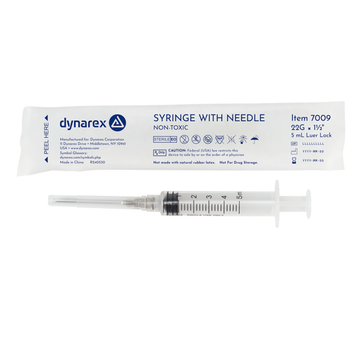 Dynarex 7009 Syringe - Non-Safety with Needle - Luer Lock, 22G, 1.5" Needle, 5 cc