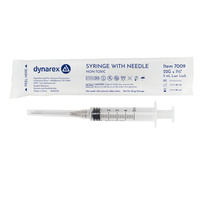 Dynarex 7009 Syringe - Non-Safety with Needle - Luer Lock, 22G, 1.5" Needle, 5 cc