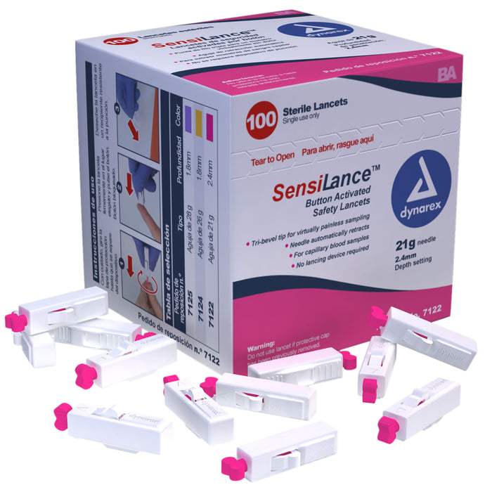 Dynarex 7122 Button Activated Safety Lancets - Sterile, 21G, 2.4 mm
