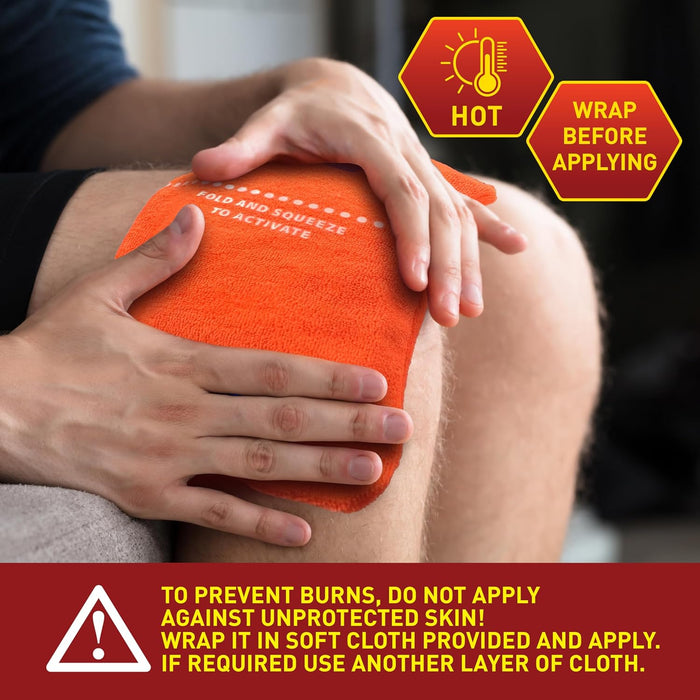 Person applying a hot pack to their knee with safety instructions displayed.