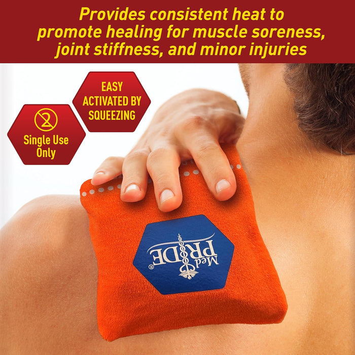 Red heating pad being used on a shoulder with text about its benefits and usage instructions.