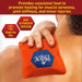 Red heating pad being used on a shoulder with text about its benefits and usage instructions.