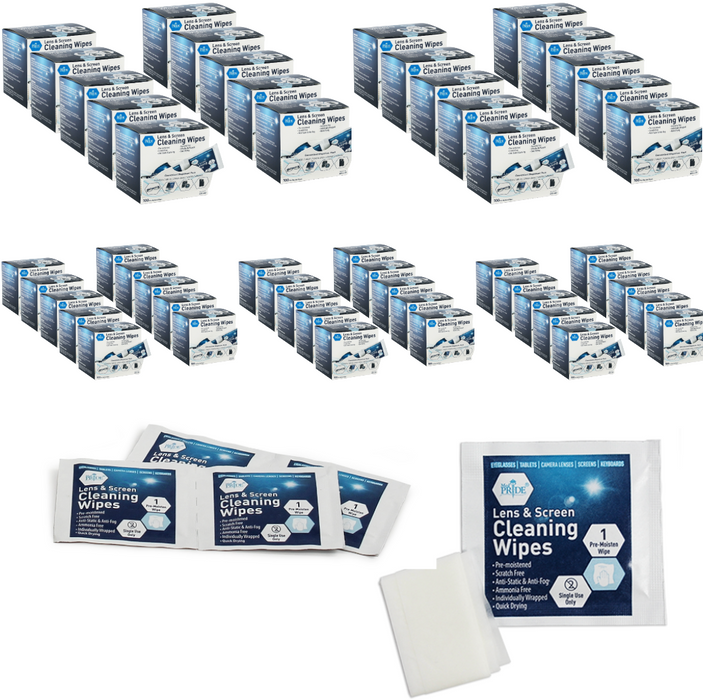 Multiple boxes of lens and screen cleaning wipes on a white background