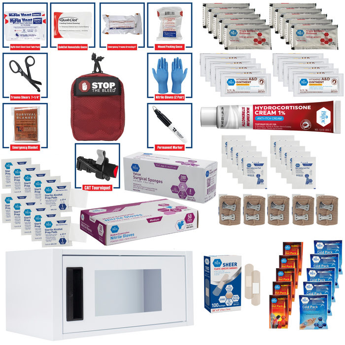 Collection of first aid supplies including bandages, gloves on a white background.