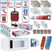 Collection of first aid supplies including bandages, gloves on a white background.