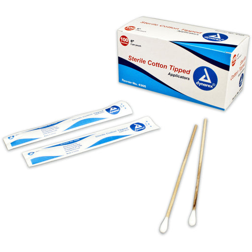 Dynarex 4305 Cotton Tipped Wood Applicators - Sterile, 6"
