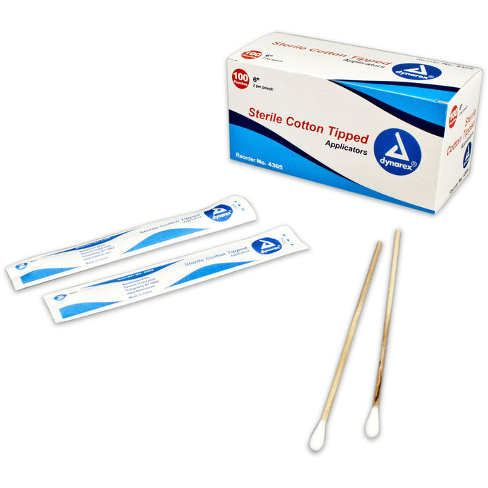 Dynarex 4305 Cotton Tipped Wood Applicators - Sterile, 6"
