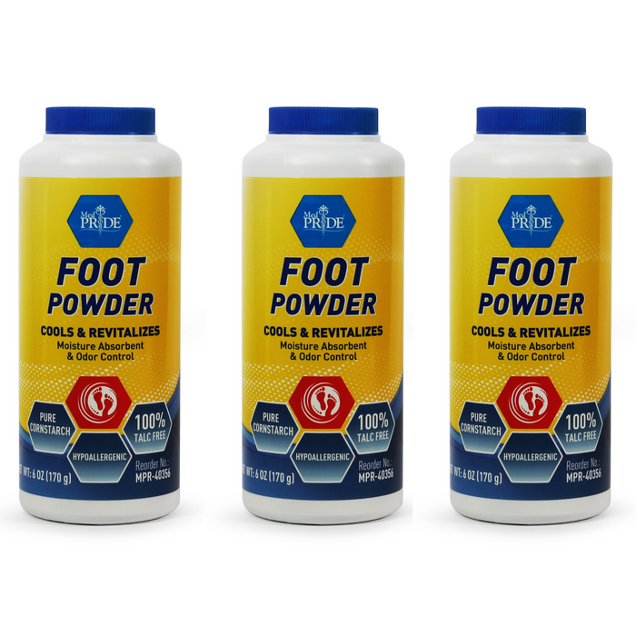 Three bottles of foot powder with yellow and blue labels on a white background