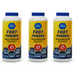 Three bottles of foot powder with yellow and blue labels on a white background