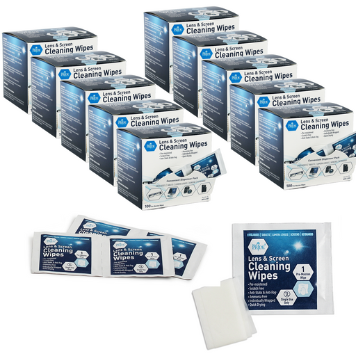 Three boxes of lens and screen cleaning wipes with individual packets displayed.
