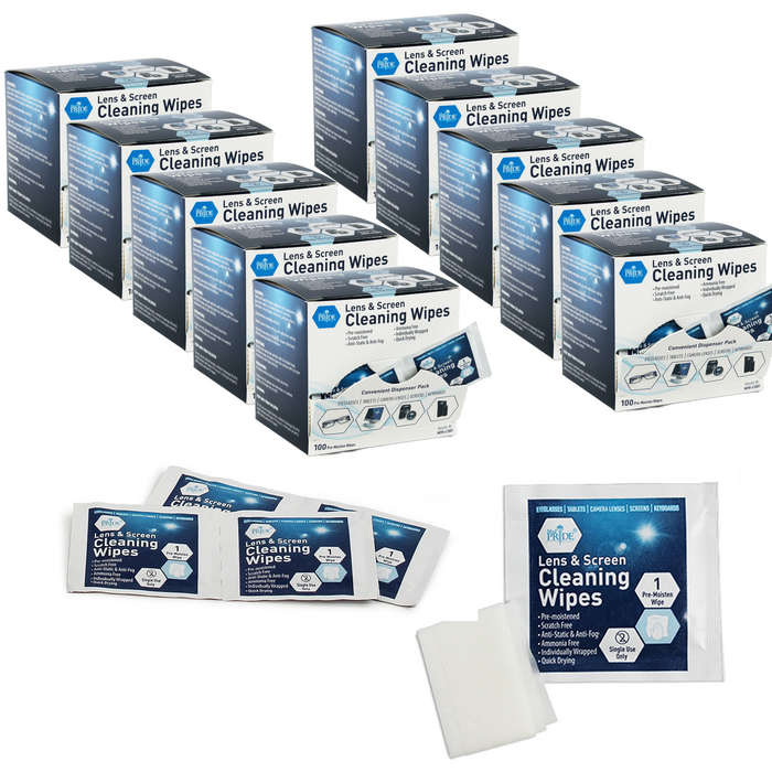 Three boxes of lens and screen cleaning wipes with individual packets displayed.