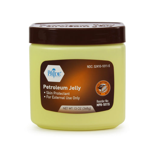 Jar of petroleum jelly with a brown lid on a white background