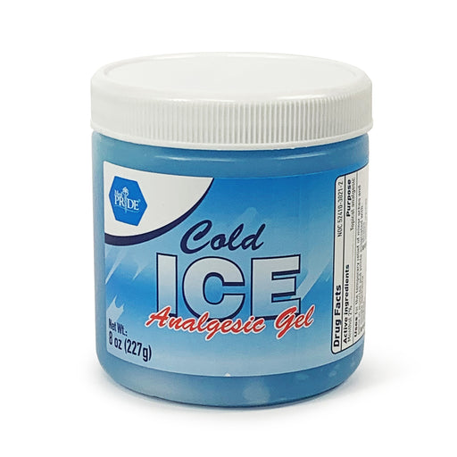 Jar of Cold Ice Analgesic Gel with a white lid on a white background